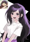  1girl black_hair highres long_hair mari_(faraway)_(omori) mari_(omori) omori open_mouth purple_eyes purple_skirt reference_inset shirt short_sleeves sike_(dvh_04) skirt smile solo swept_bangs teeth upper_teeth_only white_shirt 