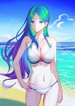  bikini blonde_hair blue_eyes blue_hair breasts cleavage collarbone contrapposto cowboy_shot day earrings freze green_hair hand_on_hip highres jewelry large_breasts long_hair looking_to_the_side multicolored_hair navel ocean original outdoors purple_hair sky smile solo standing summer swimsuit very_long_hair white_bikini wind 
