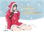  1girl black_eyes boots brown_hair christmas fur-trimmed_hood fur-trimmed_hoodie fur_trim hand_on_own_chin hood hood_up hoodie kondo_koji_(automotive_artist) merry_christmas original pink_lips pom_pom_(clothes) red_hoodie sitting snow snowing solo white_footwear 