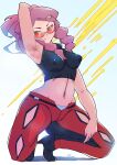  1girl absurdres armpits bare_arms bare_shoulders black_pants breasts covered_nipples crop_top hair_bun highres large_breasts malva_(pokemon) masamu_(leonore69) midriff navel orange-tinted_eyewear pants pink_hair pokemon pokemon_xy red_eyes red_pants short_hair_with_long_locks sidelocks single_hair_bun sleeveless solo sunglasses tinted_eyewear two-tone_pants 