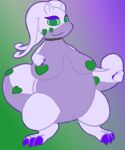 3 3_toes absurd_res breasts claws crouching feet female generation_6_pokemon goodra green_eyes hi_res horn nintendo original_character pinup pokemon pokemon_(species) pose purple_body simple_background squatting_position toes velvet706 velvet_the_gooey_dragon