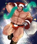  1boy :d absurdres bara belt bulge christmas colored_skin foot_out_of_frame forked_eyebrows gradient_skin hachimaki hairy hand_on_own_head happy hat headband highres huge_pectorals large_bulge light_particles looking_at_viewer male_focus mature_male muscular muscular_male mutton_chops nejiri_hachimaki one_eye_closed red_skin sack santa_hat short_hair smile solo sparse_arm_hair sparse_chest_hair sparse_leg_hair sparse_navel_hair strongman_waist taigaabozusukii tajikarao_(housamo) thick_eyebrows thick_thighs thighs tokyo_afterschool_summoners topless_male tusks 