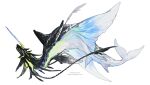  absurdres animal_focus artist_name commentary english_commentary fins fish_tail from_side full_body head_fins highres horns monster nightcrow no_eyes no_humans open_mouth original sharp_teeth simple_background single_horn solo tail teeth white_background 