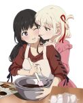  2girls apron black_hair blonde_hair blush bowl chocolate chocolate_making collarbone food food_on_face frilled_shirt frills hair_ribbon highres holding holding_spatula inoue_takina licking licking_another&#039;s_cheek licking_another&#039;s_face long_hair low_twintails lycoris_recoil multiple_girls nishikigi_chisato one_eye_closed one_side_up open_mouth or2_(sahr7857) pink_shirt purple_eyes red_eyes red_ribbon red_sweater ribbon shirt short_hair simple_background sleeves_past_elbows spatula sweatdrop sweater tongue tongue_out twintails valentine white_apron white_background yuri 