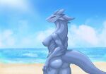 anthro beach blue_body breasts butt butt_pose day detailed_background dragon female glistening glistening_body hi_res long_neck looking_at_viewer looking_back looking_back_at_viewer mad0702 mythological_creature mythological_scalie mythology nipple_outline nude outside pose scalie solo standing tail thick_neck