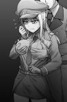  1boy 1girl between_breasts blush breasts coat collared_shirt commander_(girls&#039;_frontline) cowboy_shot embarrassed girls&#039;_frontline grabbing grabbing_another&#039;s_breast gradient_background hand_up hat highres long_hair monochrome necktie necktie_between_breasts peaked_cap pencil_skirt senpaihawkkun shirt skirt stg44_(girls&#039;_frontline) sweatdrop 