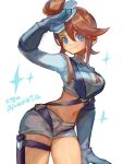  1girl blue_eyes blue_gloves blue_shorts breasts crop_top cropped_jacket gloves hair_ornament large_breasts midriff narita_imomushi navel one_side_up pokemon pokemon_bw red_hair short_hair_with_long_locks short_shorts shorts skyla_(pokemon) solo thigh_pouch 