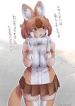  1girl animal_ears bare_shoulders blush bow breasts breasts_squeezed_together brown_hair commentary dhole_(kemono_friends) dog_ears dog_girl dog_tail extra_ears gloves highres huge_breasts kemono_friends kemono_friends_3 looking_at_viewer multicolored_hair nyororiso_(muyaa) open_mouth shirt short_hair skindentation skirt sleeveless solo tail thighhighs translated two-tone_hair white_hair zettai_ryouiki 