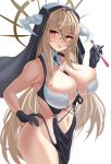  1girl absurdres aphrodisiac azur_lane bare_shoulders between_breasts black_gloves blonde_hair bouhuuu breast_cutout breasts cleavage clothing_cutout cowboy_shot fake_horns gloves habit hair_between_eyes halo hand_on_own_hip highres holding_vial horns implacable_(azur_lane) large_breasts long_bangs long_hair nun pelvic_curtain purple_liquid red_eyes revealing_clothes simple_background skindentation stomach_cutout tongue tongue_out veil very_long_hair white_background white_horns 