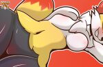 2023 anthro big_breasts braixen breast_fondling breast_play breast_rest breasts covering covering_face curvy_figure digital_media_(artwork) digitigrade faceless_anthro faceless_character faceless_female female fondling fur generation_6_pokemon hand_on_breast hi_res holding_breast hourglass_figure lying mammal naughty_face nintendo nude paws pokemon pokemon_(species) rubbing self_fondle shaded signature simple_background small_waist smile solo tail tail_tuft teeth thick_thighs tuft white_body white_fur wide_hips yellow_body yellow_fur zerlix_fox