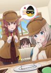  3girls braid brown_cape brown_dress brown_hair brown_headwear cape commentary_request couch detective dress food food_on_face grey_hair hand_on_own_chin highres idolmaster idolmaster_shiny_colors indoors komiya_kaho looking_at_another looking_at_object multiple_girls osoba_susurukun peeking_out red_hair serizawa_asahi sonoda_chiyoko spoken_object stroking_own_chin turn_pale twin_braids 