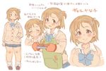  7010 :d ^_^ apron bow bowtie brown_eyes brown_hair closed_eyes commentary_request earrings eyebrows_visible_through_hair flower_earrings grin gyaru hand_in_pocket idolmaster idolmaster_cinderella_girls jewelry looking_at_viewer mimura_kanako multiple_views one_side_up open_mouth oven_mitts short_hair simple_background smile translation_request white_background 