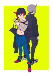  1boy 1girl absurdres back-to-back black_hair brown_eyes colored_inner_hair earphones highres horns midriff multicolored_hair original pink_hair shoes simple_background single_horn sneakers tarou2 two-tone_hair 