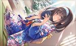  artist_name black_hair blue_eyes book commentary_request hair_ornament hairband holding holding_book idolmaster idolmaster_cinderella_girls japanese_clothes kimono looking_at_viewer medium_hair open_mouth sagisawa_fumika solo thomasz yukata 