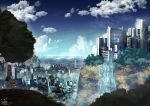  1girl absurdres animal_ears arms_at_sides artist_name blue_sky cityscape cloud dated day facing_away from_behind highres huge_filesize kemono_friends ocean orange_hair outdoors ponta_(matsuokazieg) scenery serval_(kemono_friends) serval_ears serval_tail short_hair signature sky solo tail tree water waterfall 