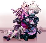  1girl 2boys ahoge android apron blonde_hair blue_eyes boots buttons checkered_scarf child danganronpa goggles goggles_on_head group hands happy iruma_miu keebo long_hair matching_hair/eyes mecha multiple_boys new_danganronpa_v3 ouma_kokichi pink_shirt power_frame purple_eyes purple_hair rio_grande_kawa robot scarf school_uniform serafuku shirt shoes short_hair shorts silver_hair skirt socks straitjacket trio uniform white_shirt 