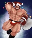  1boy absurdres bara colored_skin forked_eyebrows gradient_skin hachimaki hairy headband highres huge_pectorals male_focus mature_male muscular muscular_male mutton_chops nejiri_hachimaki red_skin short_hair solo sparse_arm_hair sparse_chest_hair sparse_leg_hair sparse_navel_hair strongman_waist taigaabozusukii tajikarao_(housamo) thick_eyebrows tokyo_afterschool_summoners tusks 