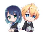  1boy 1girl black_sweater black_sweater_vest blonde_hair blue_bow blue_bowtie blue_eyes blue_hair bow bowtie chibi collared_shirt commentary_request fu7 gradient_hair grey_pants grey_skirt highres hoshino_aquamarine kurokawa_akane mismatched_pupils multicolored_hair oshi_no_ko pants pleated_skirt shirt skirt star-shaped_pupils star_(symbol) star_in_eye sweater sweater_vest swept_bangs symbol-shaped_pupils symbol_in_eye white_shirt 