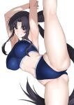  1girl armpits bare_shoulders bikini black_hair blue_bikini blue_eyes breasts collarbone fate/grand_order fate_(series) flexible hair_bun highres large_breasts leg_lift leg_up long_hair looking_at_viewer navel parted_bangs side_ponytail sidelocks single_hair_bun smile solo split spread_legs standing standing_on_one_leg standing_split sweat swimsuit ulrich_(tagaragakuin) ushiwakamaru_(fate) ushiwakamaru_(swimsuit_assassin)_(fate) ushiwakamaru_(swimsuit_assassin)_(first_ascension)_(fate) very_long_hair white_background 