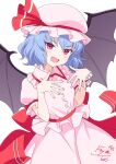  1girl bat_wings blue_hair commission fang frilled_hat frilled_shirt frills hat hat_ribbon highres kamuraaa_615 looking_at_viewer mob_cap open_mouth puffy_short_sleeves puffy_sleeves red_eyes red_ribbon remilia_scarlet ribbon shirt short_hair short_sleeves simple_background skeb_commission solo touhou white_background wings 