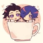  2boys :d ariminasan black_bow black_bowtie black_hair black_vest blue_eyes blue_hair border bow bowtie cup expressionless hair_over_one_eye hair_slicked_back heart highres in_container in_cup long_sleeves looking_at_another male_focus mochizuki_ryouji mole mole_under_eye mug multiple_boys open_mouth outside_border persona persona_3 pink_background round_image shirt short_hair smile traditional_bowtie vest white_border white_shirt yuuki_makoto_(persona_3) 