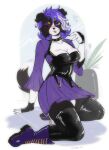 anthro black_body black_fur boots border_collie breasts canid canine canis cheek_tuft cleavage clothed clothing collie domestic_dog dress eyelashes eyeshadow facial_tuft female fingerless_gloves floppy_ears footwear fully_clothed fur geeswest gloves hair handwear herding_dog hi_res kneeling latex latex_clothing latex_legwear latex_thigh_highs legwear looking_at_viewer makeup mammal mascara one_eye_closed pastoral_dog purple_eyeshadow purple_hair sheepdog solo thigh_highs tuft wink winking_at_viewer