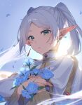  1girl absurdres blue_petals crying crying_with_eyes_open day dress elf flower frieren green_eyes highres holding holding_flower long_hair looking_at_viewer nemophila_(flower) outdoors pointy_ears portrait rinzawa solo sousou_no_frieren tears twintails white_dress white_hair 