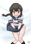  1girl @_@ akashieru ass_visible_through_thighs black_hair blue_sailor_collar blue_skirt braid brown_eyes feet_out_of_frame highres isonami_(kancolle) kantai_collection knees_together_feet_apart one-hour_drawing_challenge open_mouth panties pleated_skirt sailor_collar sailor_shirt school_uniform serafuku shirt simple_background single_braid skirt skirt_hold solo underwear wavy_mouth white_background white_panties white_shirt wind wind_lift 