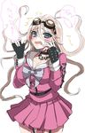  1girl ahoge barbed_wire blonde_hair blue_eyes blush breasts choker cleavage danganronpa fingerless_gloves garter gloves goggles goggles_on_head iruma_miu long_hair new_danganronpa_v3 open_mouth pink_shirt rukito serafuku shirt skirt smile solo 