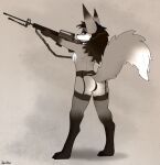 anthro black_hair black_nose canid canine choker clothing female fox fur grey_body grey_fur gun hair hi_res holding_object holding_weapon jekuben jewelry legwear lingerie mammal multicolored_body necklace ranged_weapon solo stockings tail weapon