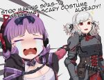  2girls animal_ear_headphones animal_ears armor black_gloves black_jacket black_ribbon braid breasts cat_ear_headphones cleavage closed_eyes crying english_text fake_animal_ears french_braid girls&#039;_frontline gloves gradient_hair grey_hair hair_ribbon headphones hood hooded_jacket jacket multicolored_clothes multicolored_hair multicolored_jacket multiple_girls neck_ribbon official_alternate_costume open_clothes open_jacket open_mouth pink_jacket plate_armor pointing pointing_at_another purple_hair red_eyes red_hair red_ribbon ribbon shotgun_shell spas-12_(girls&#039;_frontline) spas-12_(goblin_huntress)_(girls&#039;_frontline) spas-15_(girls&#039;_frontline) streaming_tears tears two-tone_jacket xenogaeia 