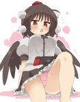 1girl absurdres arm_support black_hair black_skirt black_wings blush bow bow_panties breasts collared_shirt colored_shadow dress_shirt feathered_wings feet_out_of_frame frilled_skirt frills hat highres knee_up looking_at_viewer low_wings medium_breasts mini_hat nintendo_switch open_mouth outline panties pink_background pink_panties pleated_skirt polka_dot polka_dot_panties puffy_short_sleeves puffy_sleeves red_eyes red_headwear shadow shameimaru_aya shirt short_sleeves sitting skirt solo sweat tokin_hat totoharu_(kujirai_minato) touhou two-tone_background underwear white_background white_outline white_shirt wings 