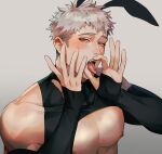  1boy animal_ears bara bare_pectorals black_tank_top blush chengzhineixihuanxiaogou clothes_lift detached_sleeves fellatio grey_background grey_hair highres large_pectorals looking_at_viewer male_focus male_playboy_bunny muscular muscular_male nipples open_mouth oral original pectorals piercing rabbit_boy rabbit_ears sexually_suggestive short_hair simple_background simulated_fellatio solo tank_top tongue tongue_out tongue_piercing 