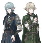  2boys armor blue_cape blue_eyes brown_hair cape chihuri closed_mouth collared_shirt final_fantasy final_fantasy_xiv finger_cots green_cape grey_hair hair_between_eyes hair_over_one_eye hand_up haurchefant_greystone highres long_sleeves male_focus multiple_boys pauldrons pointy_ears puffy_long_sleeves puffy_sleeves shirt shoulder_armor simple_background single_pauldron smile white_background white_shirt zephirin_de_valhourdin 