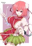  :d absurdres bad_id bad_pixiv_id bandaged_arm bandages bangs breasts bun_cover chain chinese_clothes commentary_request cowboy_shot cuffs double_bun flower furiruno green_skirt highres ibaraki_kasen large_breasts looking_at_viewer open_mouth pink_eyes pink_flower pink_hair pink_rose rose shackles short_hair skirt smile solo tabard touhou twitter_username v-shaped_eyebrows 