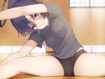  1girl arm_up bananafish1111 bare_legs black_buruma blue_archive blue_shirt blurry blurry_background blush breasts buruma closed_mouth commentary_request feet_out_of_frame gym_uniform halo highres indoors large_breasts leaning_to_the_side mechanical_halo midriff_peek on_floor purple_hair revision shirt short_hair short_sleeves sitting solo spread_legs stretching sunlight t-shirt thighs window wooden_floor yuuka_(blue_archive) yuuka_(track)_(blue_archive) 