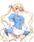  :d bangs blend_s blonde_hair blue_eyes blush breasts commentary_request eyebrows_visible_through_hair gloves hair_between_eyes head_scarf hinata_kaho large_breasts lifted_by_self long_hair looking_at_viewer matokechi open_mouth short_sleeves skirt skirt_lift smile solo stile_uniform thighhighs twintails very_long_hair waitress white_gloves zettai_ryouiki 