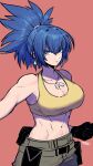  1girl abs bare_shoulders belt blue_eyes blue_hair breasts cargo_pants cleavage crop_top dog_tags earrings gloves highres jewelry leona_heidern muscular muscular_female navel pants ponytail pouch ryo_yo_shi soldier solo tank_top the_king_of_fighters the_king_of_fighters_xv triangle_earrings yellow_tank_top 