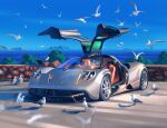  bird blurry blurry_foreground car english_commentary flying gullwing_doors highres lake marta_danecka motor_vehicle mountainous_horizon no_humans open_door original pagani pagani_huayra pun seagull signature sky sports_car stone_wall tree vehicle_focus water 