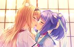  2girls animal_ears bell blonde_hair blush catgirl cinnamon_(sayori) collar game_cg headband kiss long_hair maple_(sayori) nekopara ponytail purple_hair sayori seifuku yuri 