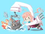  1girl anchor aqua-framed_eyewear aqua_background artist_logo claw_(weapon) collared_shirt dated depth_charge dress_shirt glasses grey_thighhighs kantai_collection kutone_shirika makigumo_(kancolle) makigumo_kai_ni_(kancolle) no_mouth shirt sleeves_past_fingers sleeves_past_wrists solid_oval_eyes solo thighhighs weapon white_shirt 