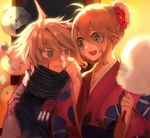  1boy 1girl ahoge android blonde_hair blue_eyes danganronpa duo hair_bun happy iruma_miu keebo kimono long_hair mecha monokuma new_danganronpa_v3 open_mouth power_frame robot scarf short_hair silver_hair smile tied_hair 