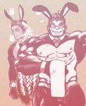  2boys bara bare_pectorals brown_theme bunny_day colored_skin crossdressing crotchless crotchless_pantyhose facial_hair forked_eyebrows glasses goatee goatee_stubble gradient_skin hachimaki head_wings headband hermes_(housamo) large_pectorals latex long_sideburns looking_at_viewer male_focus male_playboy_bunny mature_male meme_attire multiple_boys muscular muscular_male mutton_chops nejiri_hachimaki nipples one_eye_closed pantyhose pectorals rabbit_tail red_skin reverse_bunnysuit reverse_outfit short_hair shrug_(clothing) sideburns smile sparse_chest_hair straight-on stubble sweatdrop tail tajikarao_(housamo) teriyaki_(gqtne7ymkx71079) thick_eyebrows tokyo_afterschool_summoners tusks wings wink_heart wrist_cuffs yaoi 