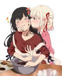  2girls apron black_hair blonde_hair blush bowl chocolate chocolate_making collarbone food food_on_face frilled_shirt frills grabbing grabbing_another&#039;s_breast hair_ribbon highres holding holding_spatula inoue_takina licking licking_ear long_hair low_twintails lycoris_recoil multiple_girls nishikigi_chisato one_side_up open_mouth or2_(sahr7857) pink_shirt purple_eyes red_eyes red_ribbon red_sweater ribbon shirt short_hair simple_background sleeves_past_elbows spatula sweatdrop sweater tongue tongue_out twintails valentine white_apron white_background yuri 