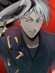  1boy akagi:_yami_ni_oritatta_tensai akagi_shigeru ashes ashtray black_eyes black_shirt cigarette_butt commentary_request fukumoto_mahjong gachi_nemu grey_hair grey_shirt grin highres holding_ashtray looking_down male_focus medium_bangs red_background shirt short_hair smile solo undershirt upper_body 