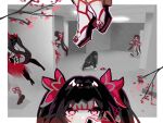  6+girls absurdres backrooms_(creepypasta) bow brown_hair ceiling clone dual_persona floating fox_mask hair_bow highres honkai:_star_rail honkai_(series) indoors leaning_forward long_hair looking_at_viewer mask mask_on_head multiple_girls partially_colored pink_eyes red_bow sandals sitting sparkle_(honkai:_star_rail) straight-on tile_ceiling tiles twintails uouofishtown wariza 