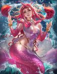  blue_eyes bracelet braided_hair breasts cancer_(symbol) cancer_(zodiac) crown ear_piercing female hair halter_top jewelry marine merfolk necklace piercing pigtails pink_hair pink_scales pointy_ear red_hair sakimichan scales smile solo waist_accessory water wave 