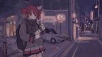  1girl absurdres backpack bag black_jacket breath building car chain city closed_mouth digital_media_player drill_hair earphones hair_ribbon highres holding jacket kasane_teto kasane_teto_(sv) long_sleeves motor_vehicle night outdoors parking_lot plaid plaid_scarf red_hair ribbon scarf sign solo synthesizer_v twin_drills utau white_hair white_ribbon yunoki_itsugu 