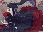  1girl black_dress black_hair bouquet domino_mask dress flower from_behind grey_background half-closed_eyes jessika_(splatoon) long_sleeves looking_at_viewer mask mian_noodle petals pointy_ears red_eyes red_flower red_hair red_rose rose solo splatoon_(series) splatoon_3 suction_cups tentacle_hair twintails 