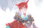  1boy ahoge animal_ears cat_ears crystal_exarch ears_down final_fantasy final_fantasy_xiv g&#039;raha_tia head_tilt hooded_robe looking_at_viewer male_focus red_eyes red_hair robe short_hair smile tladpwl03 upper_body 